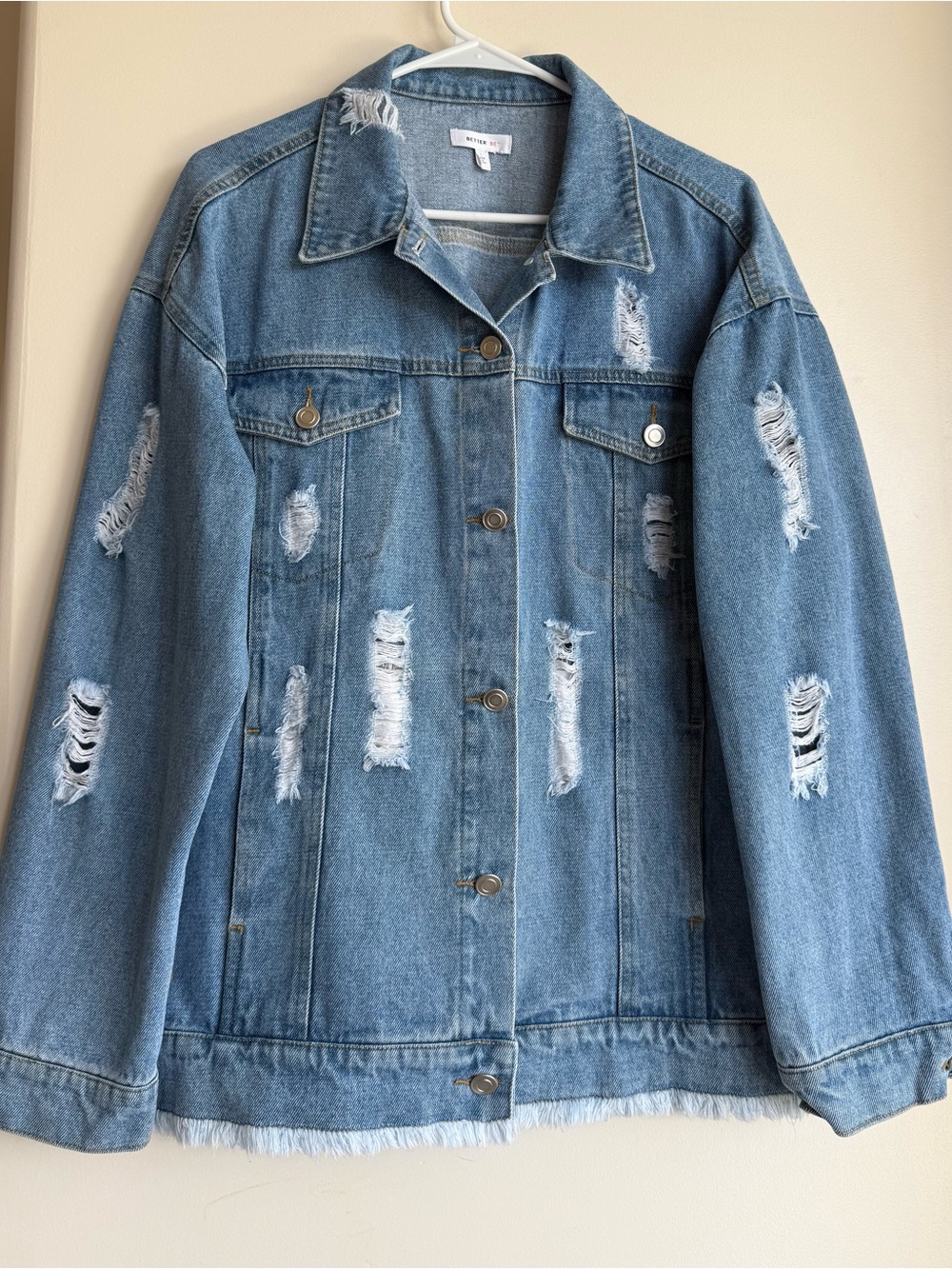 Better Be Distressed Fringed Oversized Denim Jacket Light Wash Size L 100%Cotton